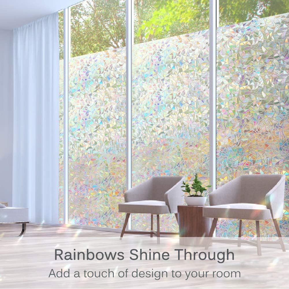 Volcanics Window Privacy Film with Installation Tools, Static Window Clings Vinyl 3D Decals Stickers Rainbow Window Film for Glass Door Heat Control Anti UV 17.5 x 78.7 Inches