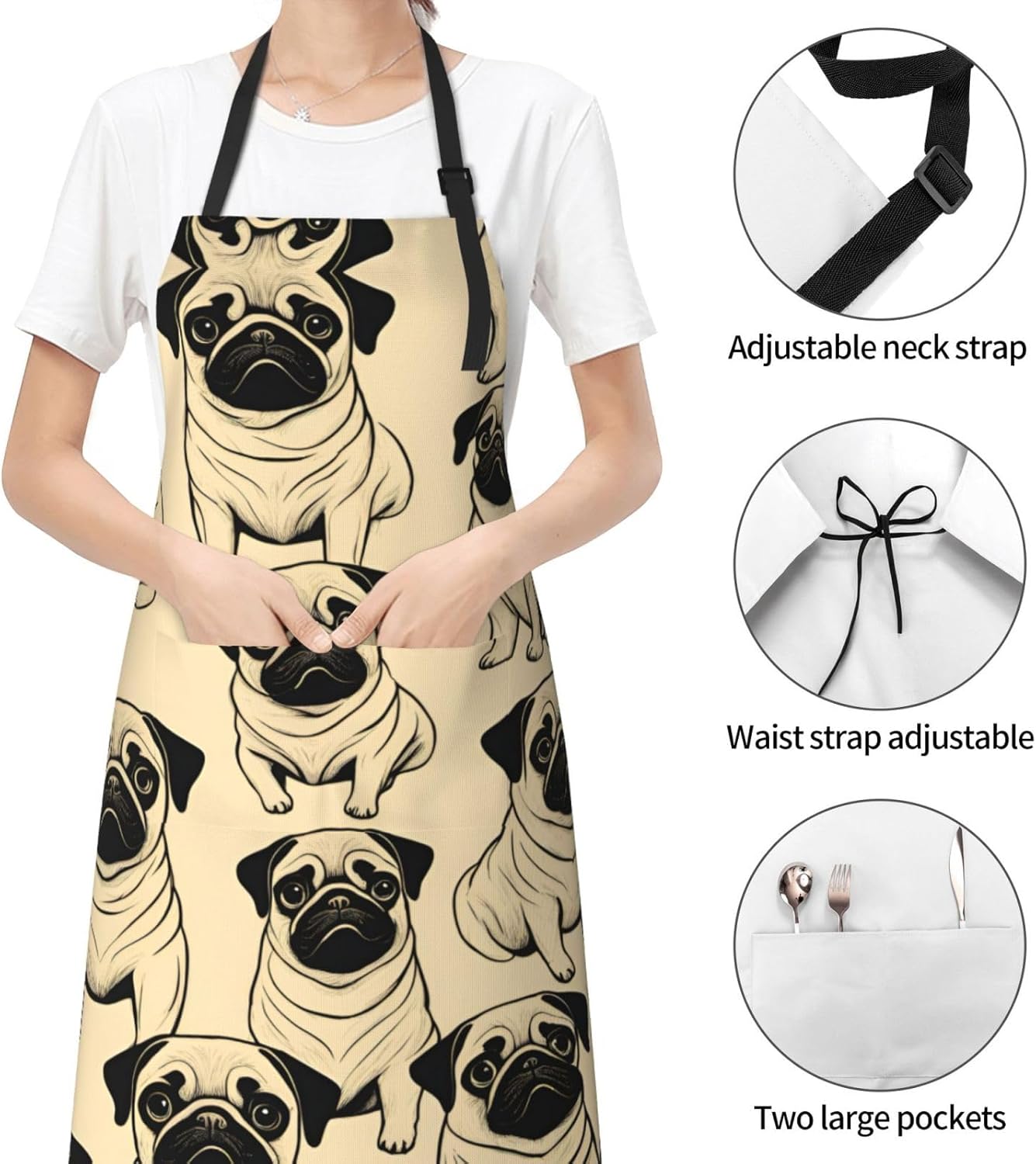 Cute Pug Dog print Waterproof chef's apron with pocket apron for kitch