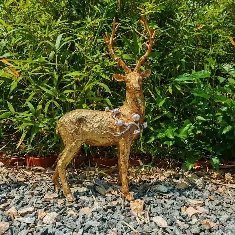 Elegant Golden Deer Sculpture with Large Antlers, Modern Resin Animal Statue with Metallic Finish for Outdoor Garden, Lawn, Patio, Living Room Decor, Striking Christmas & New Year Festival Gift