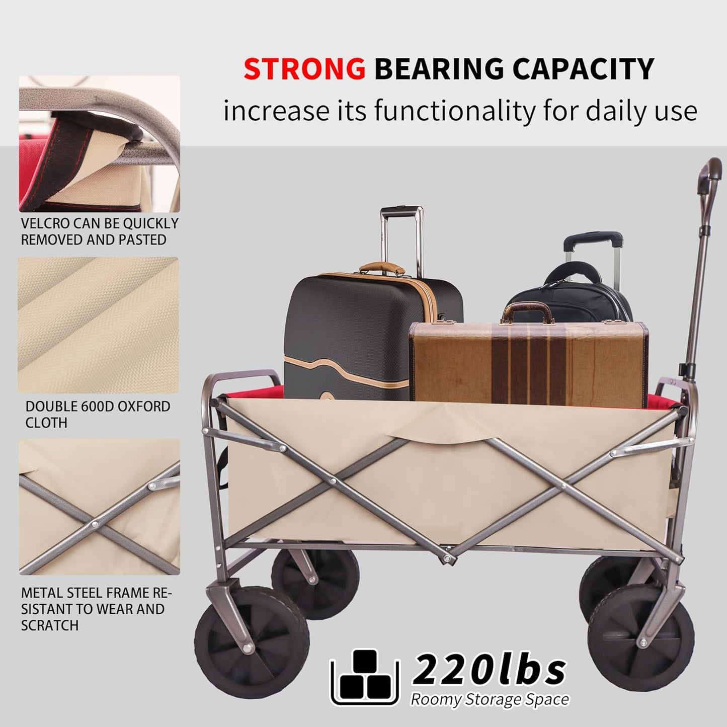 Folding Wagon Cart Beach Wagon Utility Wagon Cart Outdoor Heavy Duty Garden Portable Hand Cart with All-Terrain Wheels & Adjustable Handle (White+Red)