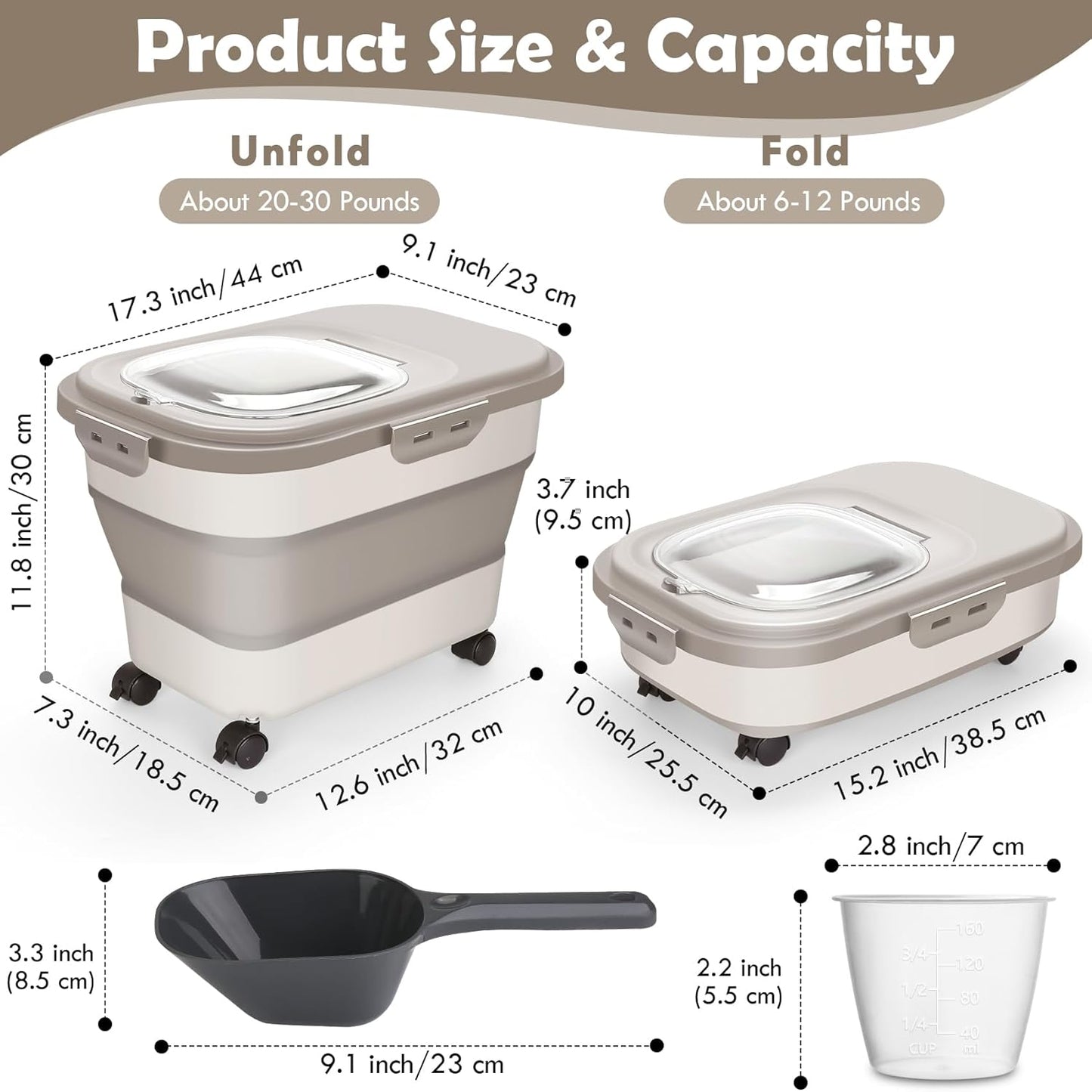 Dog Food Storage Container, 20Lbs Rice Storage Container Dispenser, Airtight Large Pet Cat Food Bin with Wheels, Scoop & Measuring Cup, Collapsible Kitchen Dry Food Holder for Four Sugar Cereal Kibble