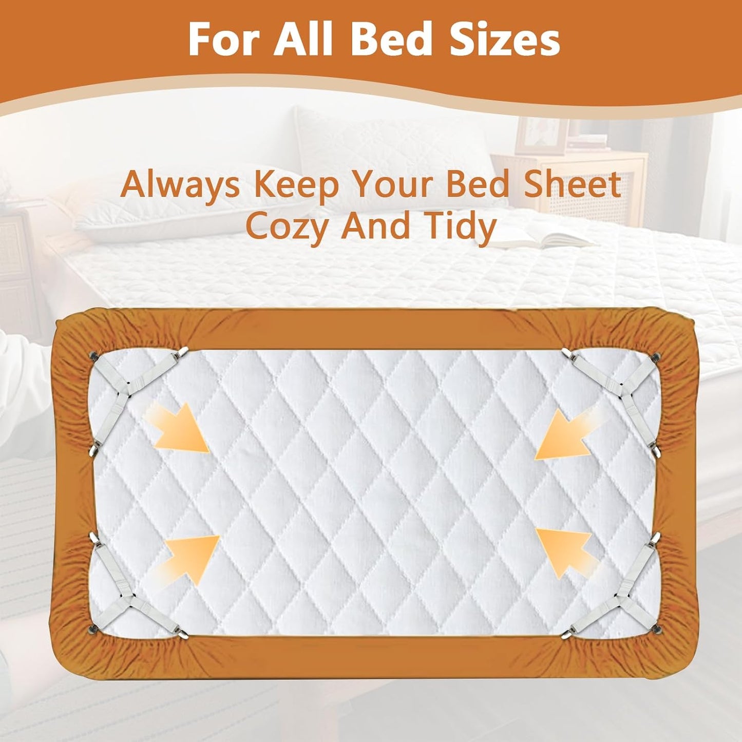 4PCS Bed Sheet Straps with Metal Clips, Adjustable Elastic Fitted Sheet Holders for Corners, Keep Bedding Wrinkle-Free, Easy to Install Durable Fasteners, Mattresses (White)