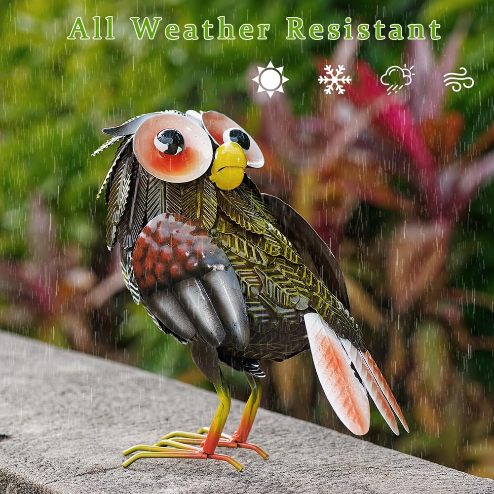 Metal Owl Garden Statue, 9'' Funny Owl Figurine Outdoor Yard Art Decor, Waterproof Owls Decor for Garden, Lawn, Backyard(Grey)