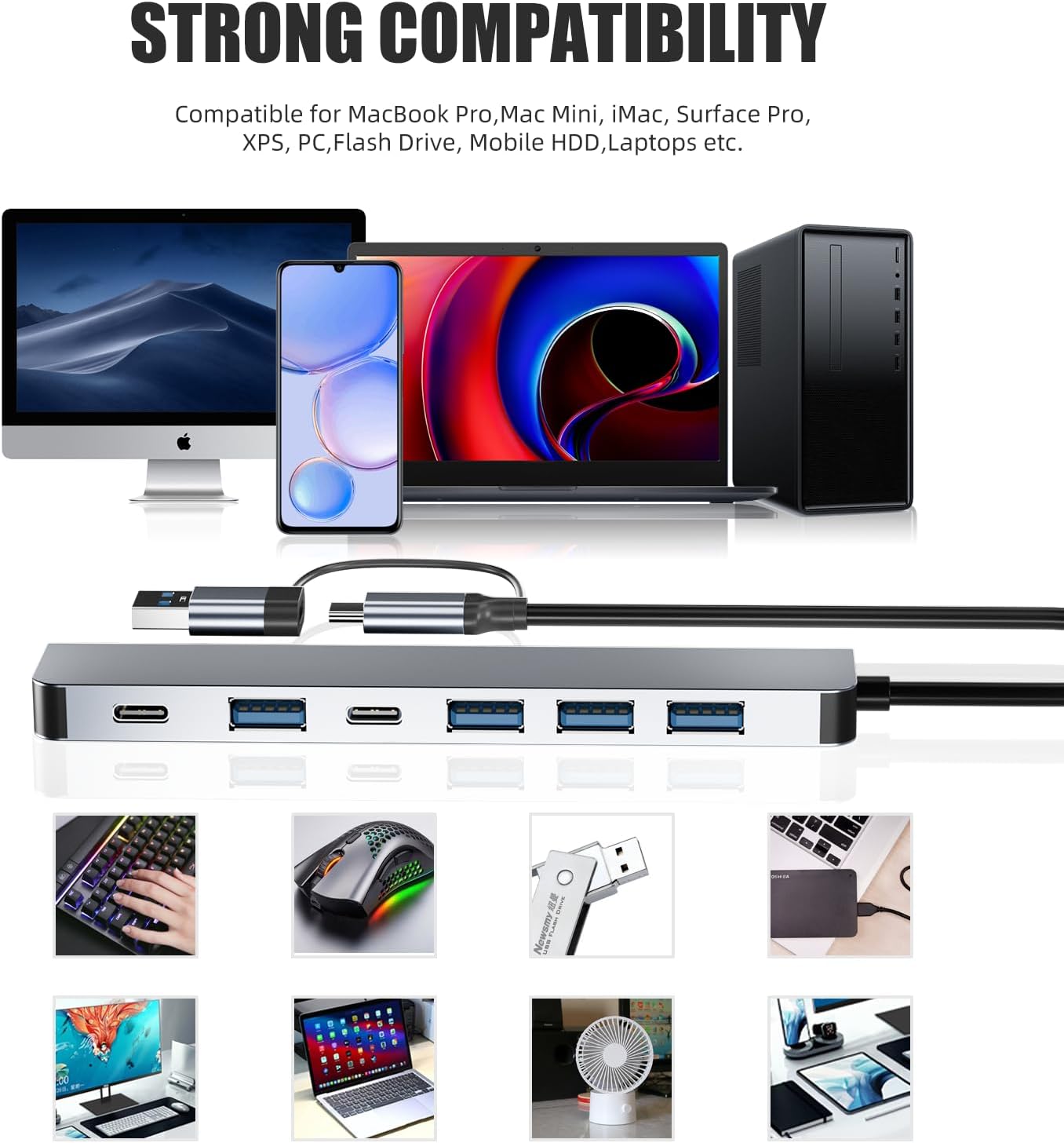 【Upgrade】 USB C/USB Hub, BERLAT Aluminum 7 in 1 USB C & USB Hub with U