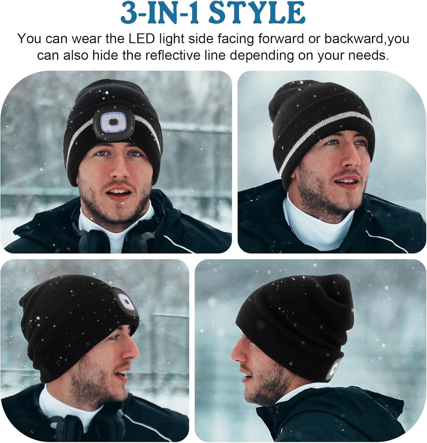 MELASA Reflective Stripe LED Beanie Safety High Visibility Winter Hat 