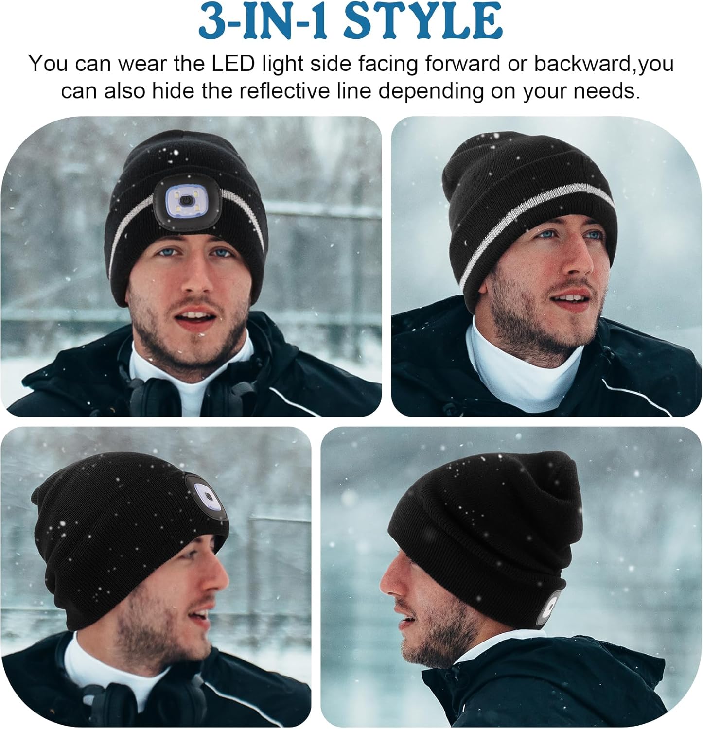 MELASA Reflective Stripe LED Beanie Safety High Visibility Winter Hat 