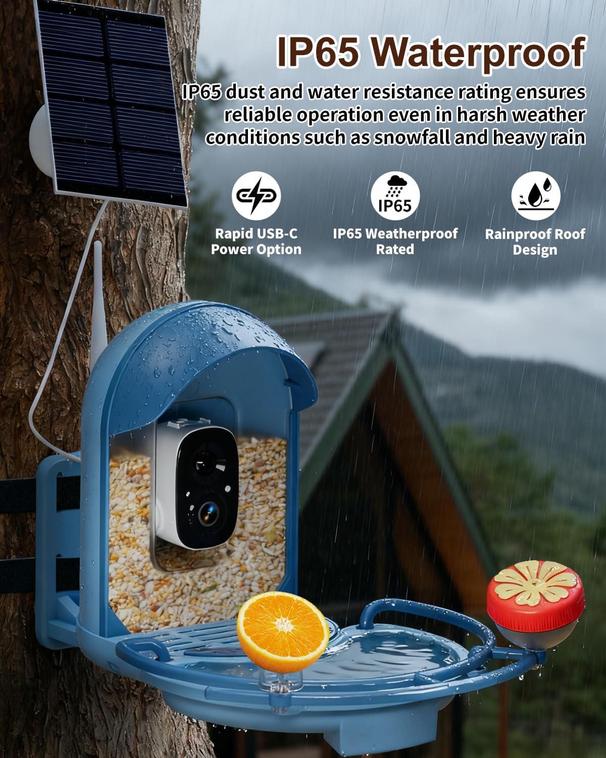 Bird Feeder with Camera, 2K HD Camera Birds Feeder with Bath Wireless Outdoor, Solar Powered Bird Watching with APP Control, Night Vision, Motion Detection Alerts, IP66 Birdfeeder for Backyard, Blue