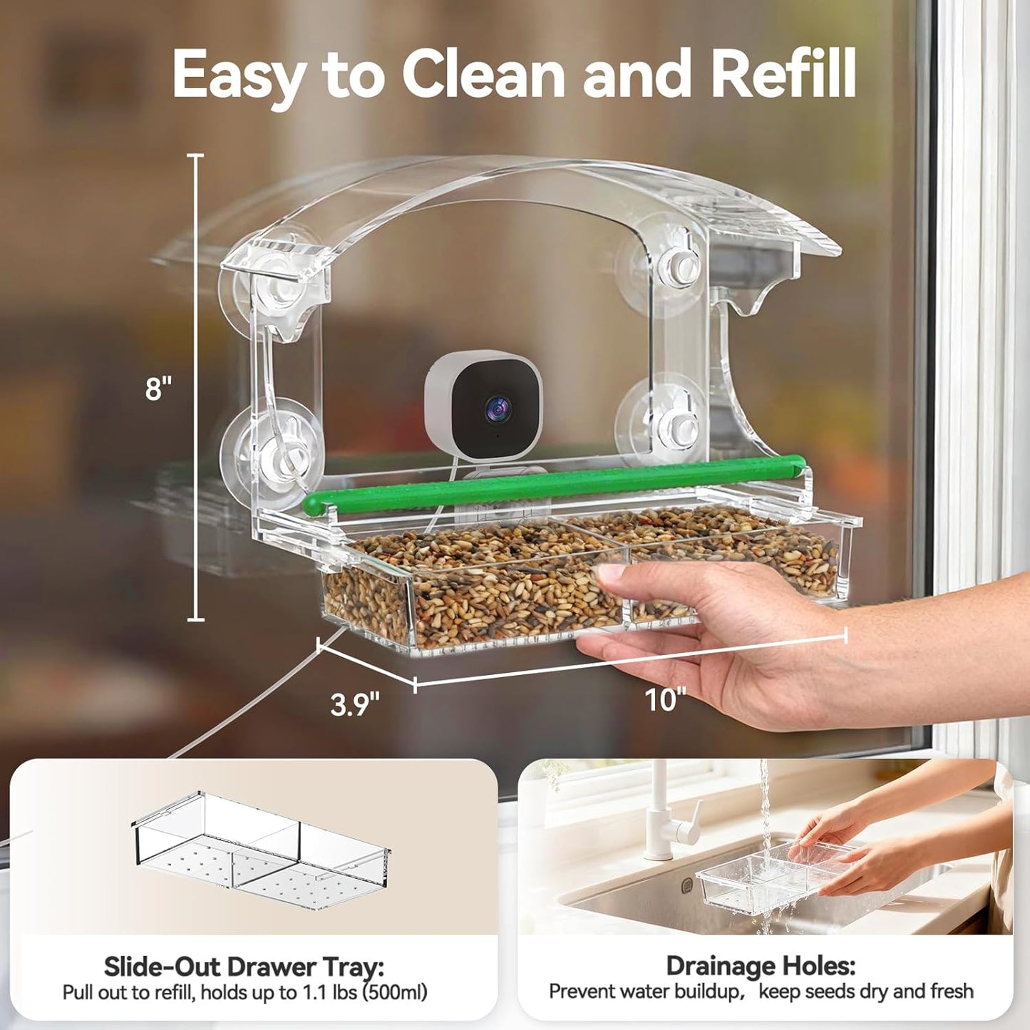 Dzees Window Bird Feeder with Camera, 2K HD Live Stream & AI Bird Identification, Smart Bird Feeder for Window Mount, Auto-Capture, 2.4GHz WiFi, Strong Suction Cup Installation, Gift for Bird Lovers