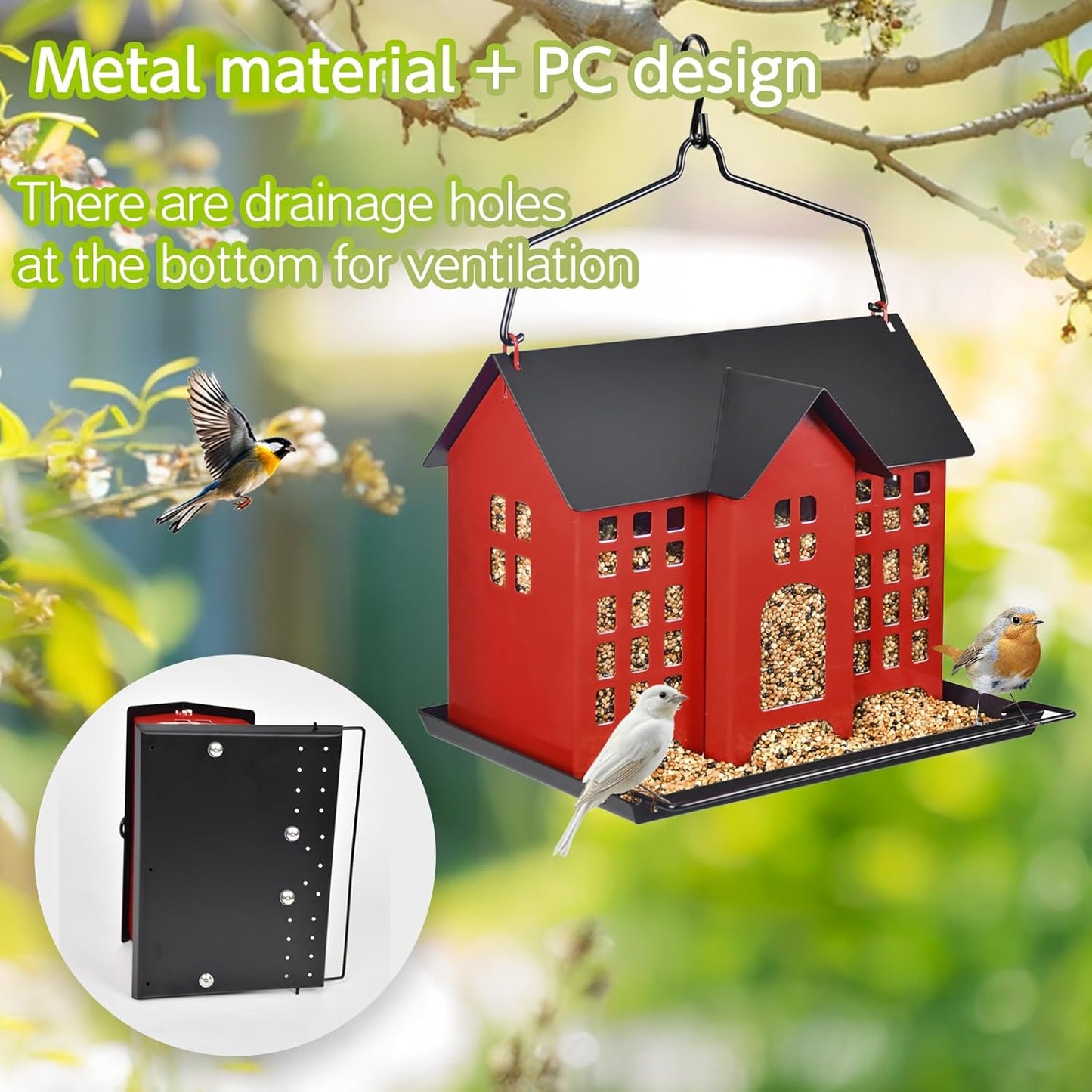 Hanging Bird Feeder, Outdoor Bird Feeder, Metal Bird Feeder, 5.6LB with Three Small Individual compartments for Finch Cardinal Chickadee, Large Capacity, Weatherproof and Durable