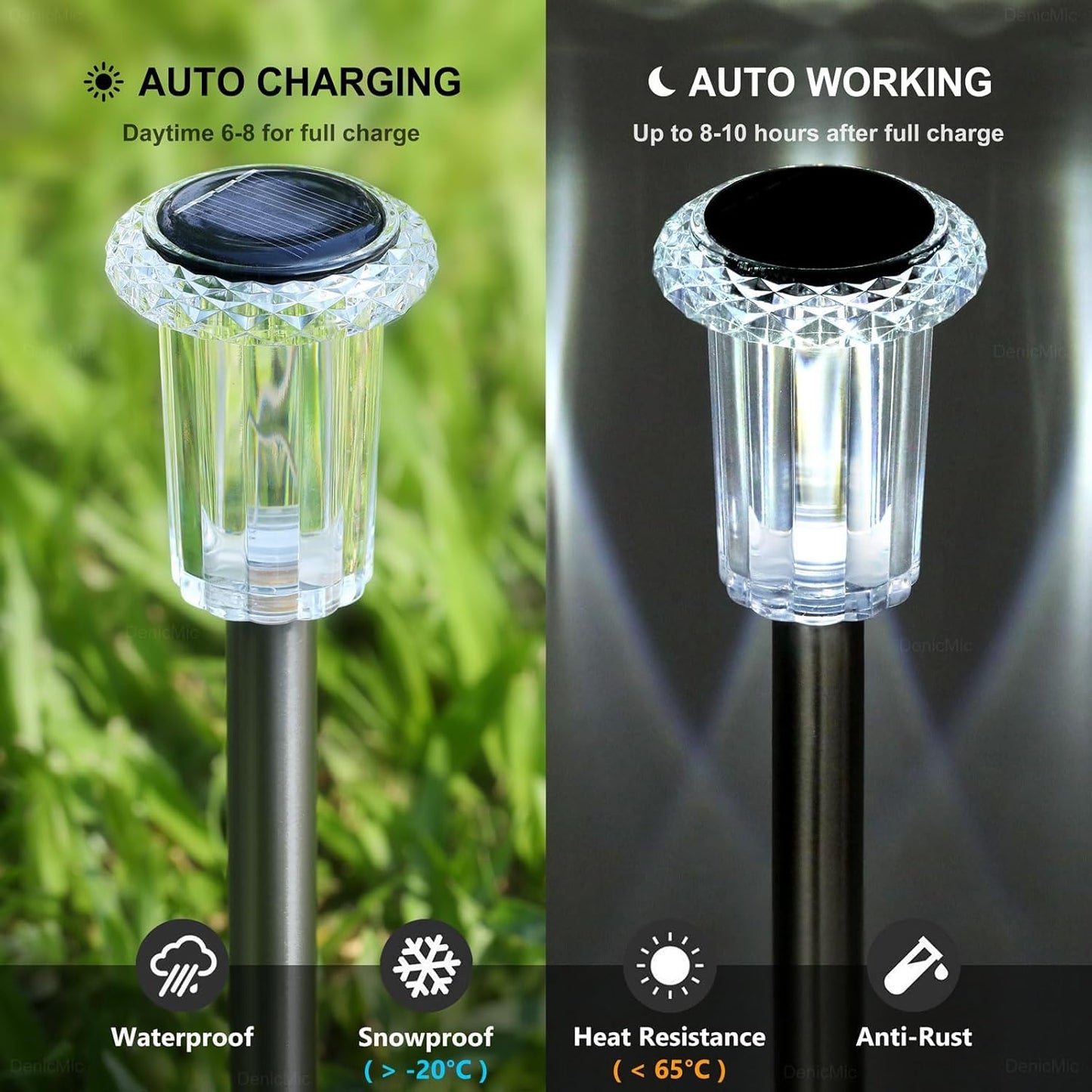DenicMic Solar Lights Outdoor 10 Pack Waterproof 6000K Cold White LED 
