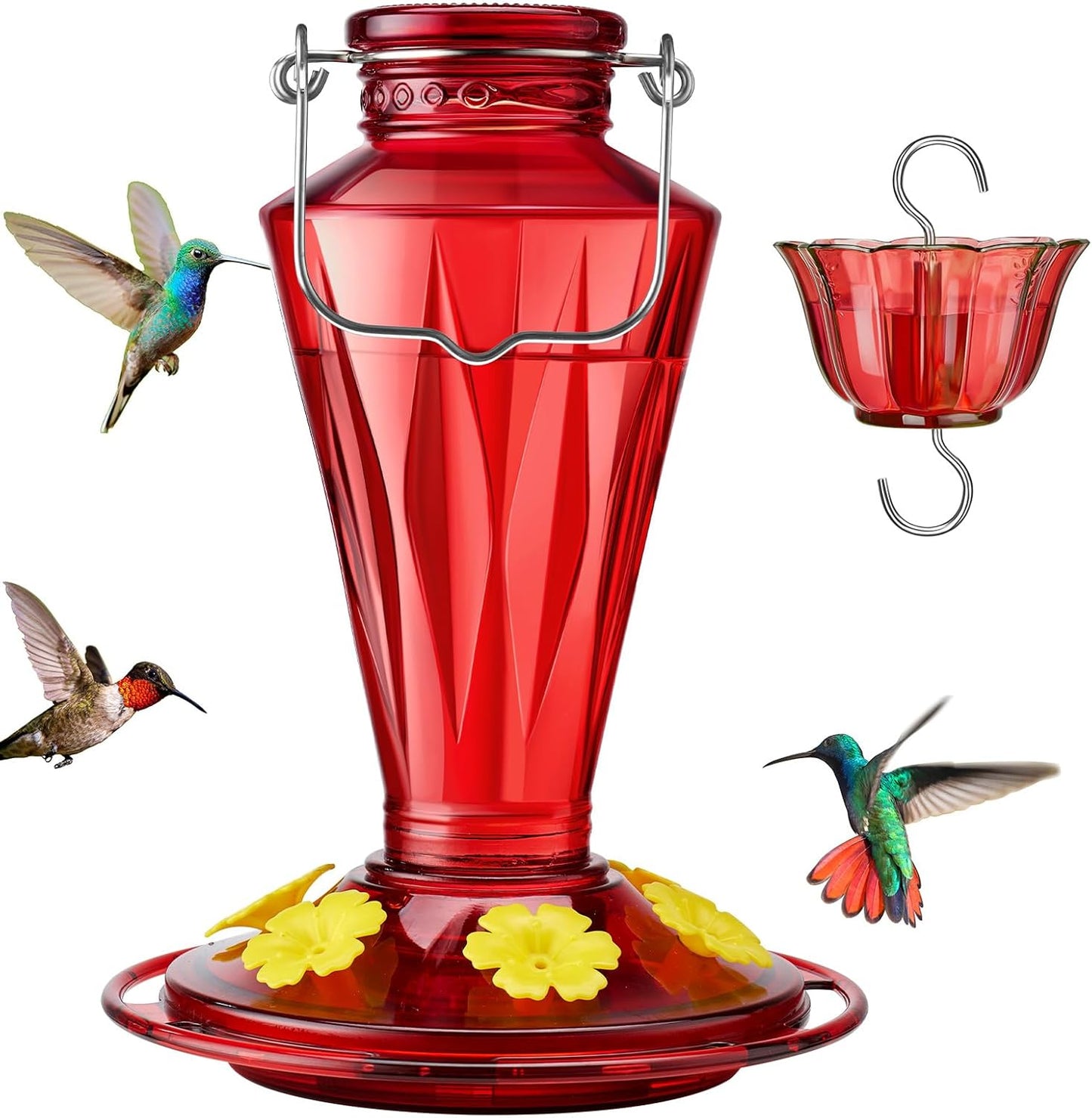 Kingsyard Glass Hummingbird Feeders for Outdoors Hanging Ant & Bee Proof, 16 Ounces Bird Nectar Feeder 6 Flower Feeding Ports, Leak Proof, Easy to Refill & Clean, Ant Moat Included, Red