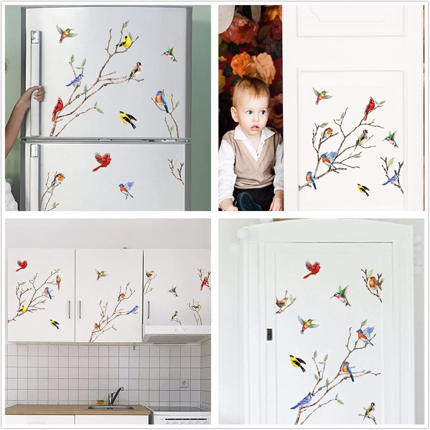 Yovkky Spring Summer Tree Branch Bird Strike Window Cling 9 Sheet, Anti Collision Cardinal Wall Glass Sticker Decal Hummingbird Bluebird Robin Decor, Fall Autumn Home Kitchen Office Fridge Decorations