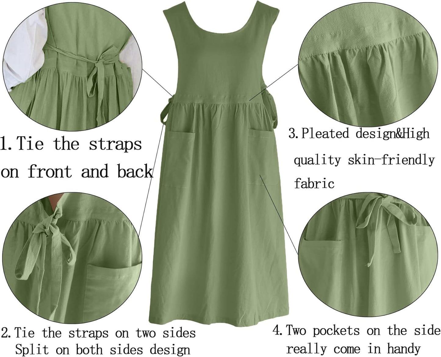 Women Plus Size Cotton Linen Vintage Pleated Split Apron Pinafore Dres