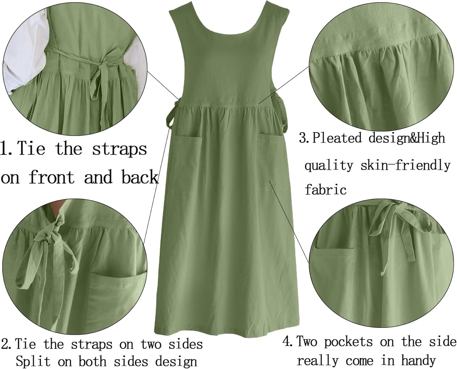 Women Plus Size Cotton Linen Vintage Pleated Split Apron Pinafore Dres