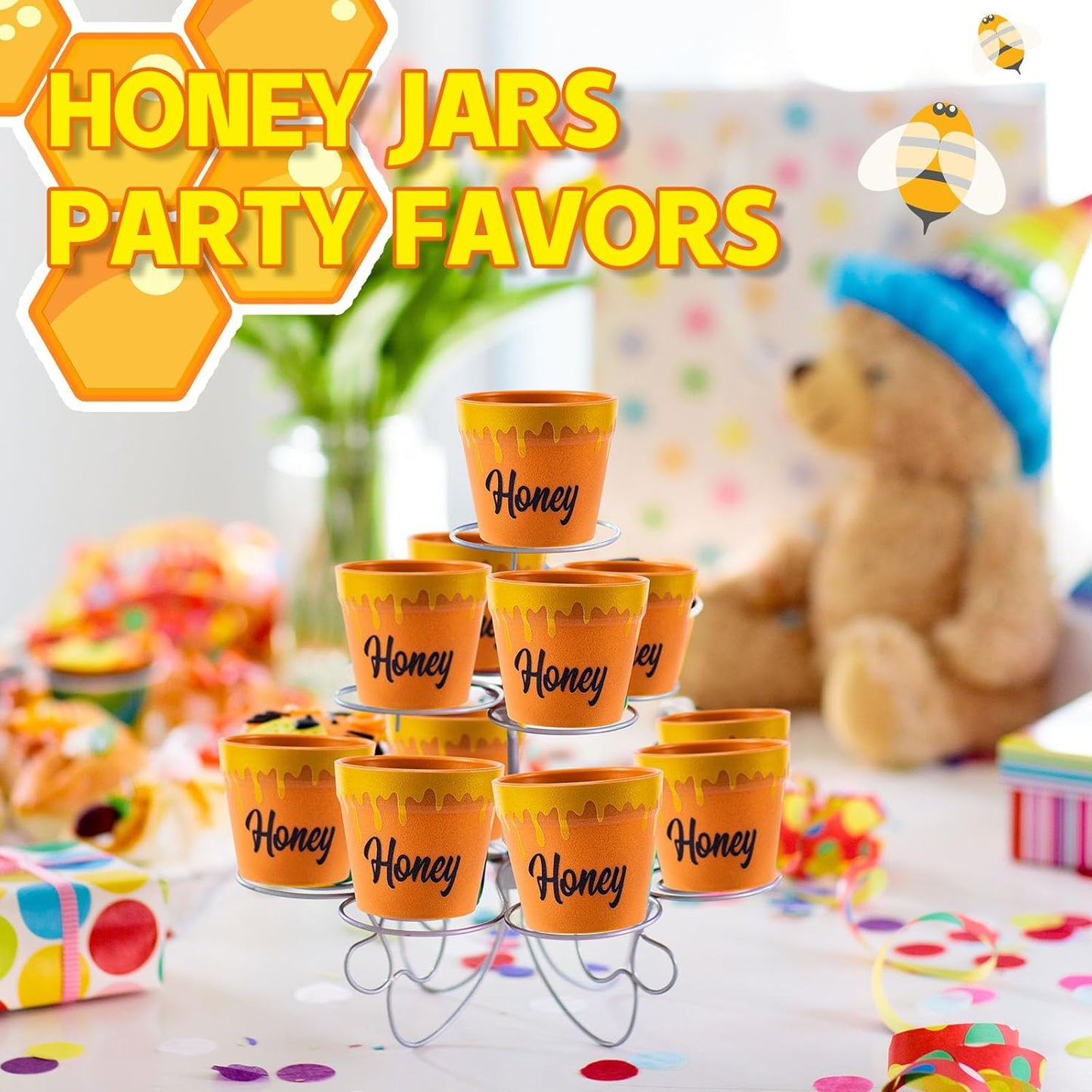 meekoo 16 Sets 16 Sets Mini Honey Bee Pots with Wooden Dippers Charms Honey Jars for Cupcake Planter Chocolate Chips bee Themed Baby Shower Favors Wedding Gifts for Guests
