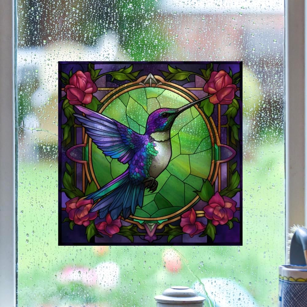 4 Stained Glass Anti-Collision Hummingbird Window Clings Decals - Removable Non Adhesive Vinyl Decals