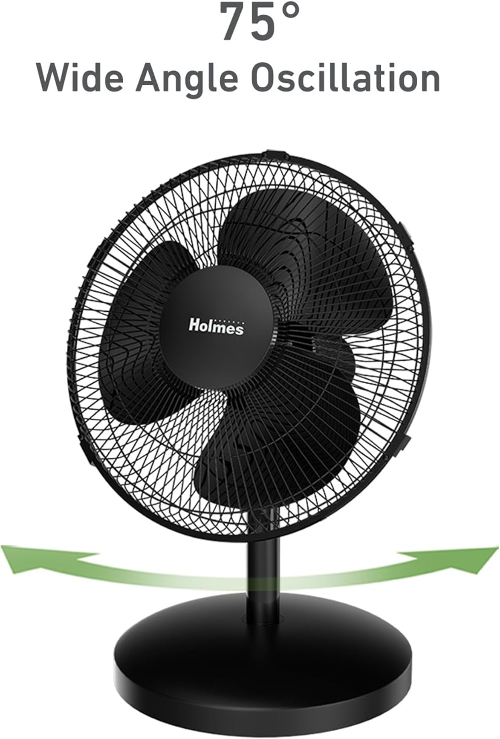 Holmes 12 Inch Oscillating Table Fan 3 Speeds 75 Degree Wide Angle Oscillation Adjustable 15 Degree Tilt Quiet Operation Home Office Bedroom Kitchen Black