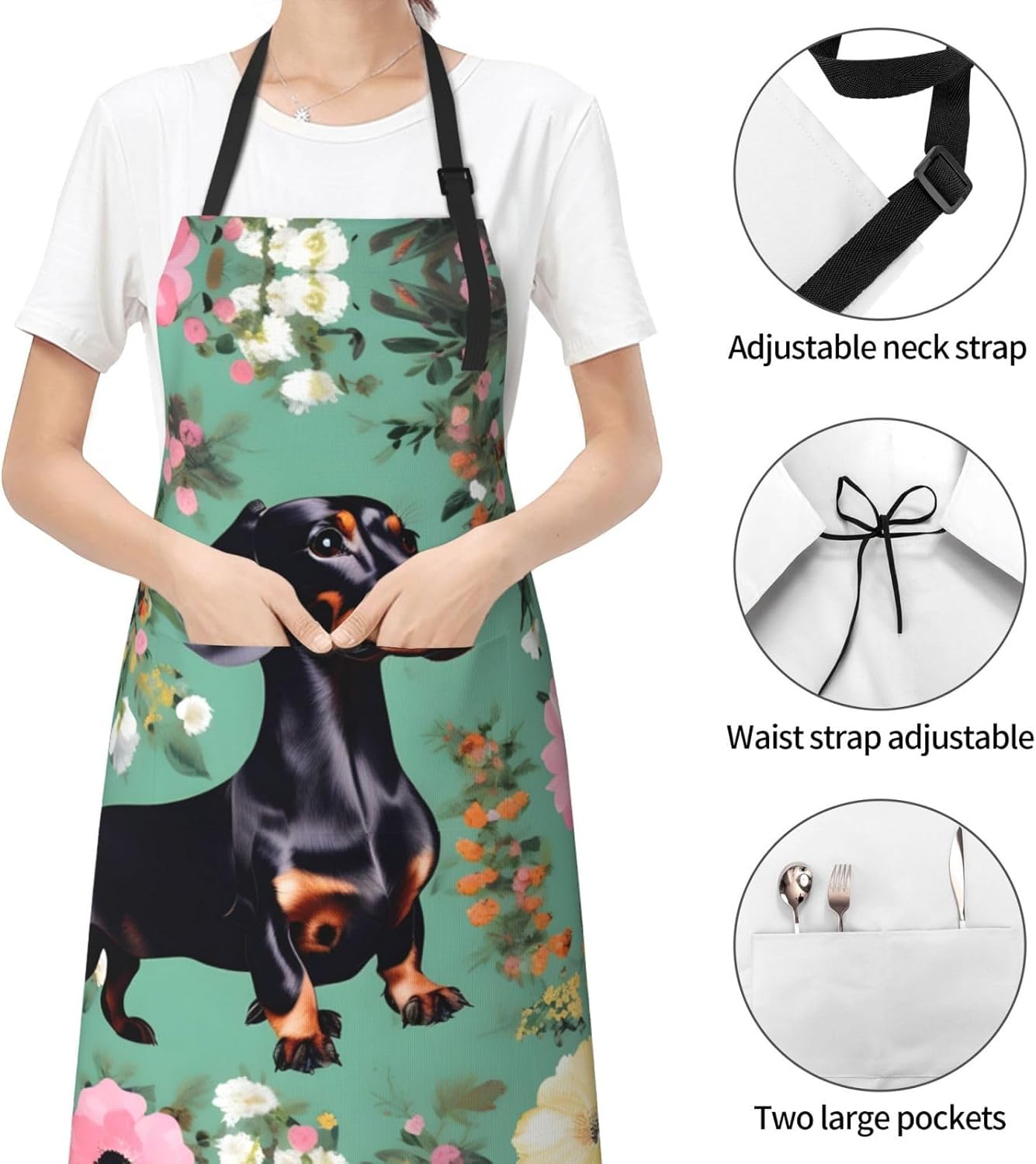 Dachshund Florals print Waterproof apron with pocket adjustable cooking apron for adult kitchen bibs to bake