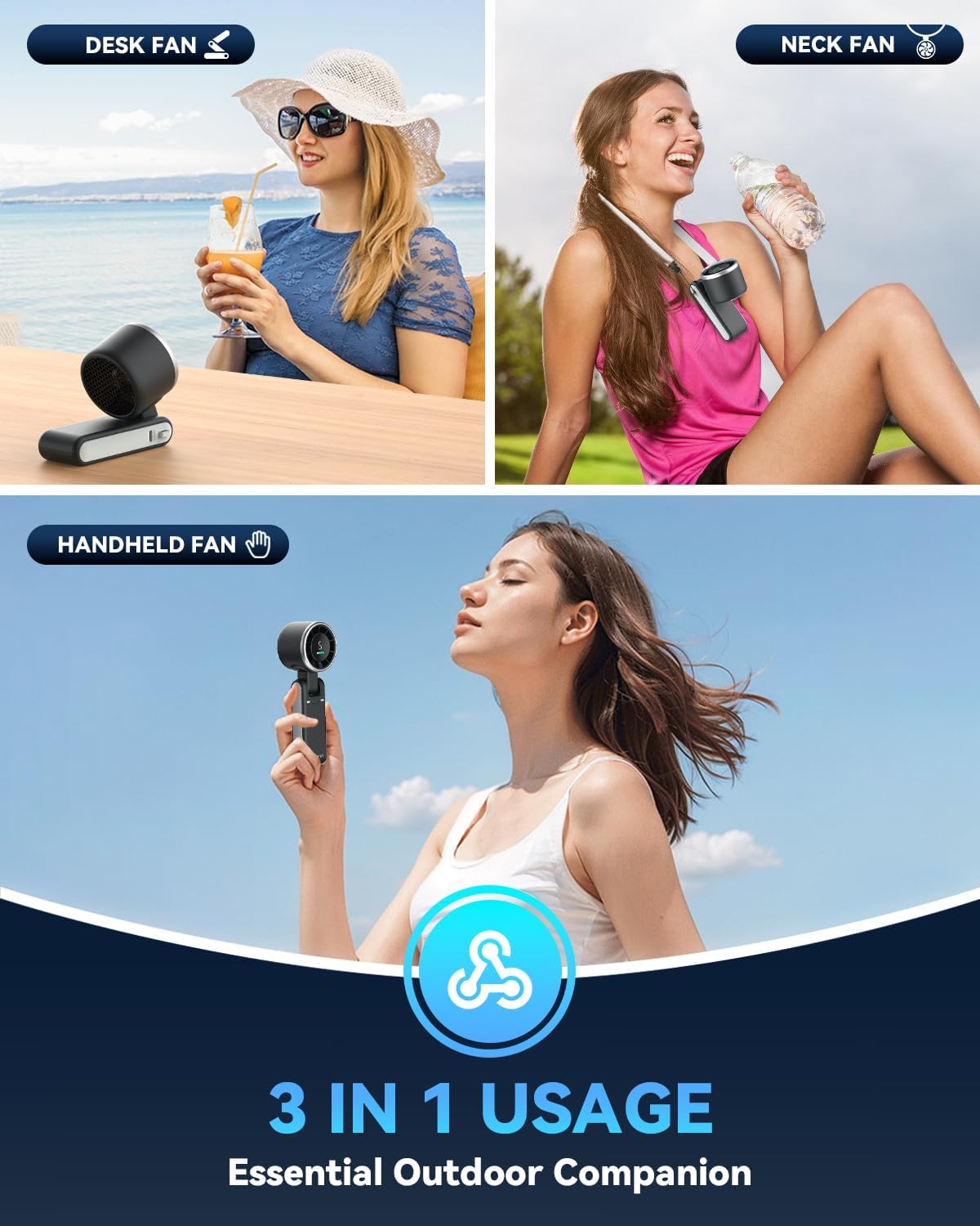 Portable Handheld Turbo Fan, 5 Gear Wind, Battery Operated, Up to 12 Working Hours, 3 IN 1 Hand Fans with Air Turbo Tech Cooling Fan for Outdoor Activities, Travel, Beach (Black)