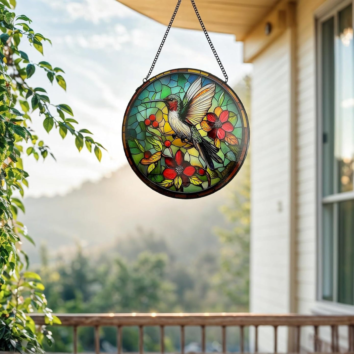 Stained Glass Hummingbird Suncatcher for Windows Hanging, 7.87x7.87 Inches Handmade Window Decor, Gift for Bird Lovers Women - Mom, Grandma, Aunt for Birthday Valentine's Day Mother's Day