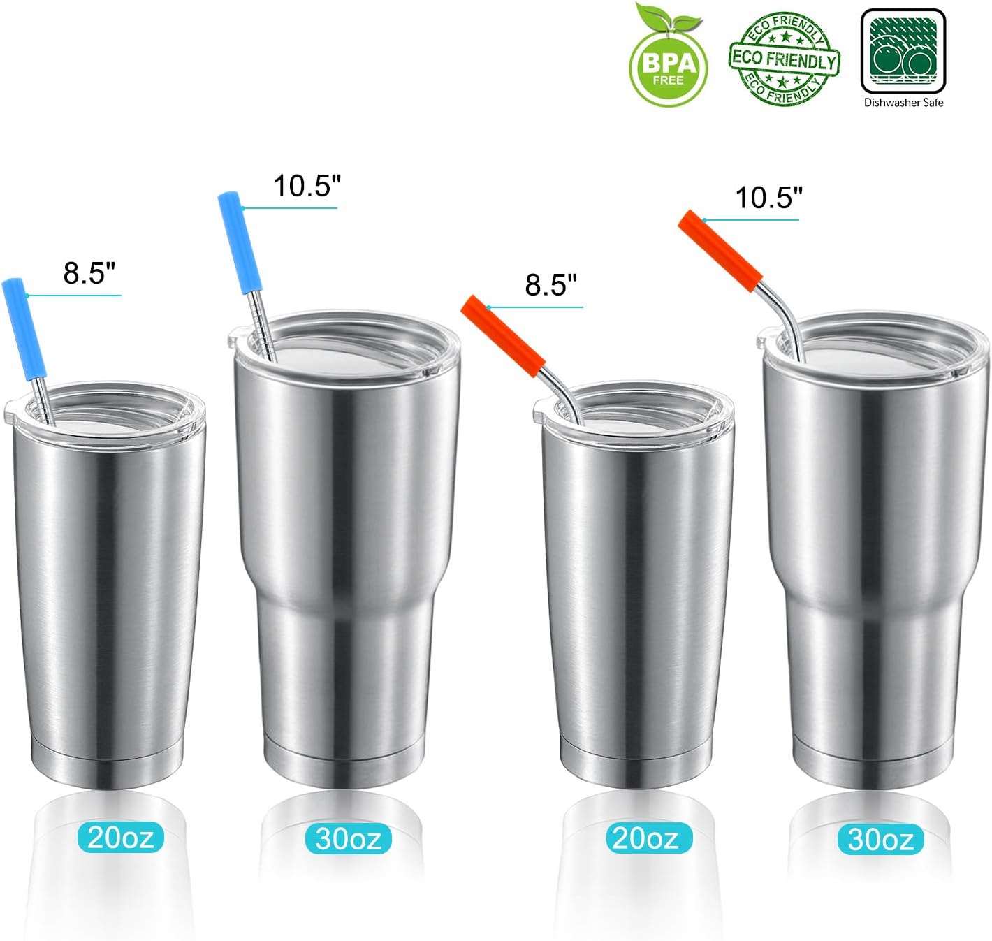 Set of 16 Reusable Stainless Steel Straws with Travel Case Cleaning Brush Silicone Tips Eco Friendly Extra Long Metal Straws Drinking for 20 24 30 oz Tumbler
