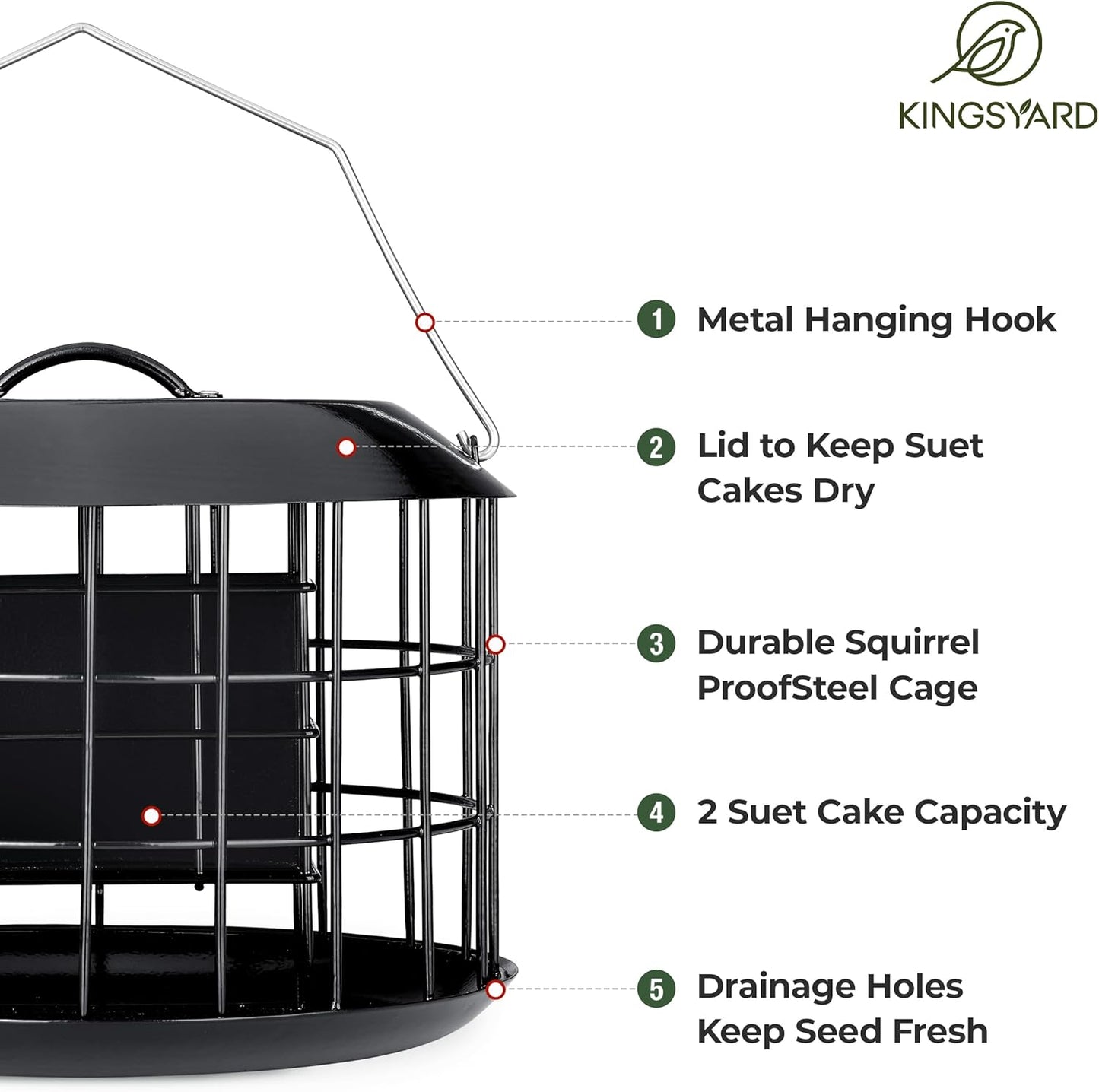 Kingsyard Squirrel Proof Suet Feeder, Cage Bird Feeders for Outdoors Hanging, All Metal, Double Suet Cake Capacity, Tray & Weatherproof, Black
