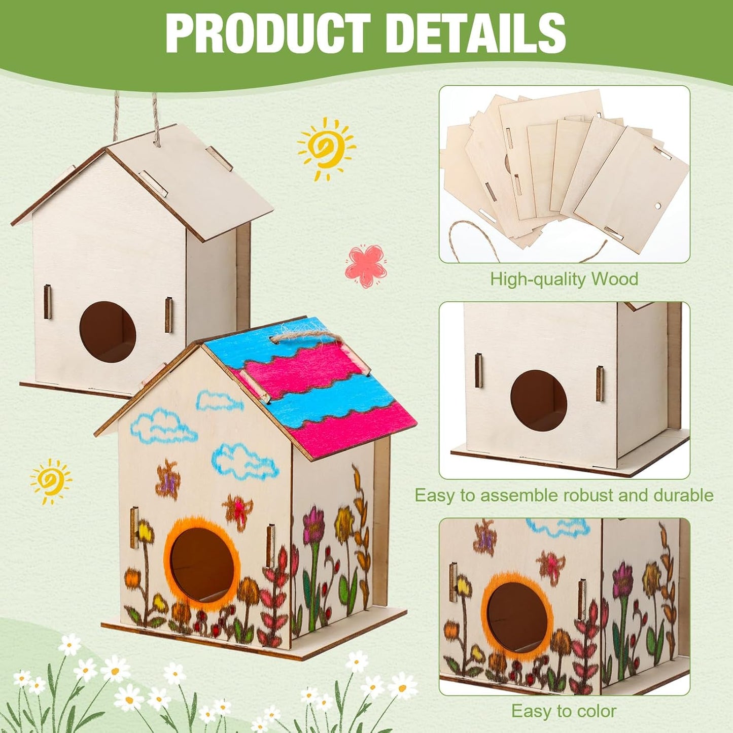 DoubleFill 48 Pcs Bulk Wooden Bird Houses Kits for Kids DIY Bird House Kit Unfinished Wood Birdhouse Wooden Crafts to Paint, Build, and DIY for Valentines Crafts Classroom Activity, 3 Styles