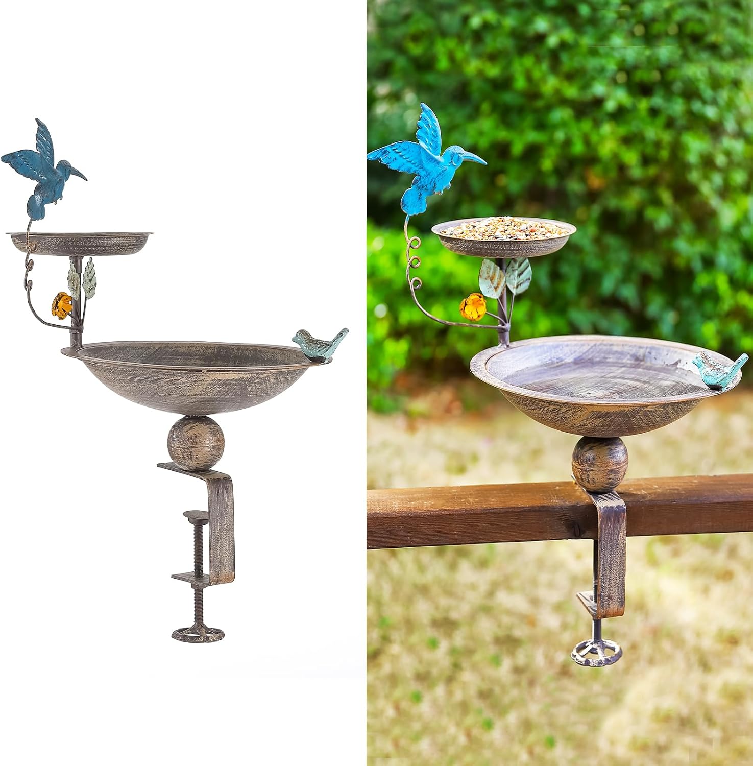 Deck Mounted Bird Bath and Feeder, 2-in-1 Balcony Metal Birdbaths for 