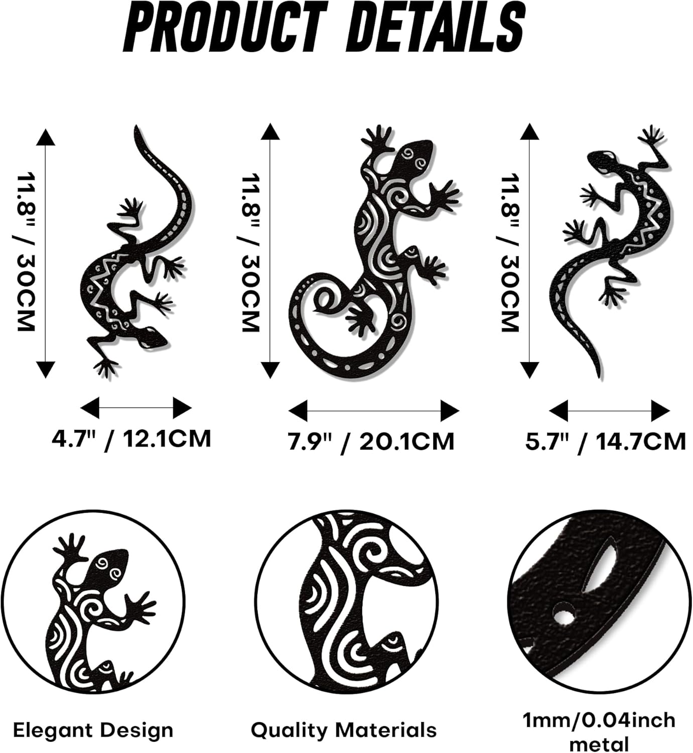 YATEASLU Outdoor Wall Art Metal Gecko Sculpture Elegant Black Patio Wall Decor Outdoor Fence Southwestern Style Decor for Garden, Patio or Home (Pack of 3)