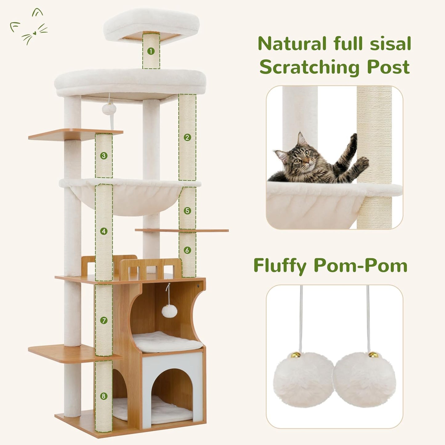 Cat Tree, 70.9 Inch Wood Cat Tower for Large Cats Adult, Modern Cat Fu