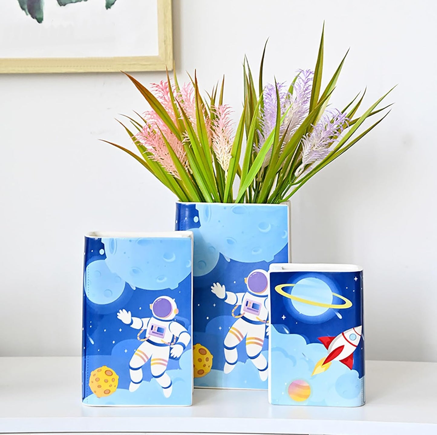 Ceramic Book Shaped Vase Cute Bookshelf Decor Star Astronauts Pot Planter Bookends Planter Simple Modern Flower Bud Vase Unique Vase for Book Lovers Gifts (A-1pcs, M)