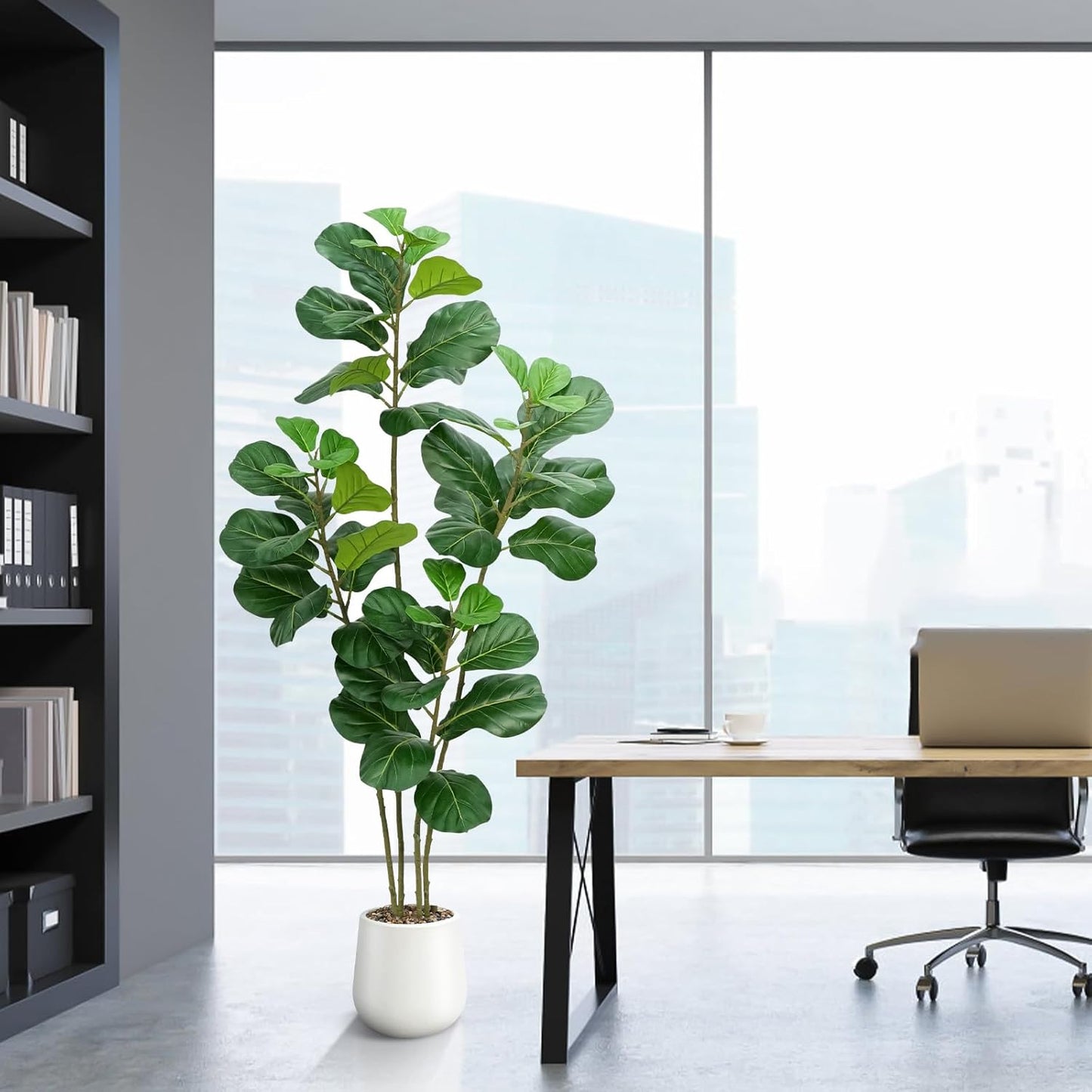 Artificial Fiddle Leaf Fig Tree with White Planter,6ft Tall Fake Plants with 4 Trunk,Faux Fig Trees Floor Plant in Pot,Fake Ficus Lyrata Trees for Indoor Living Room Bedroom Office Housewarming Gift