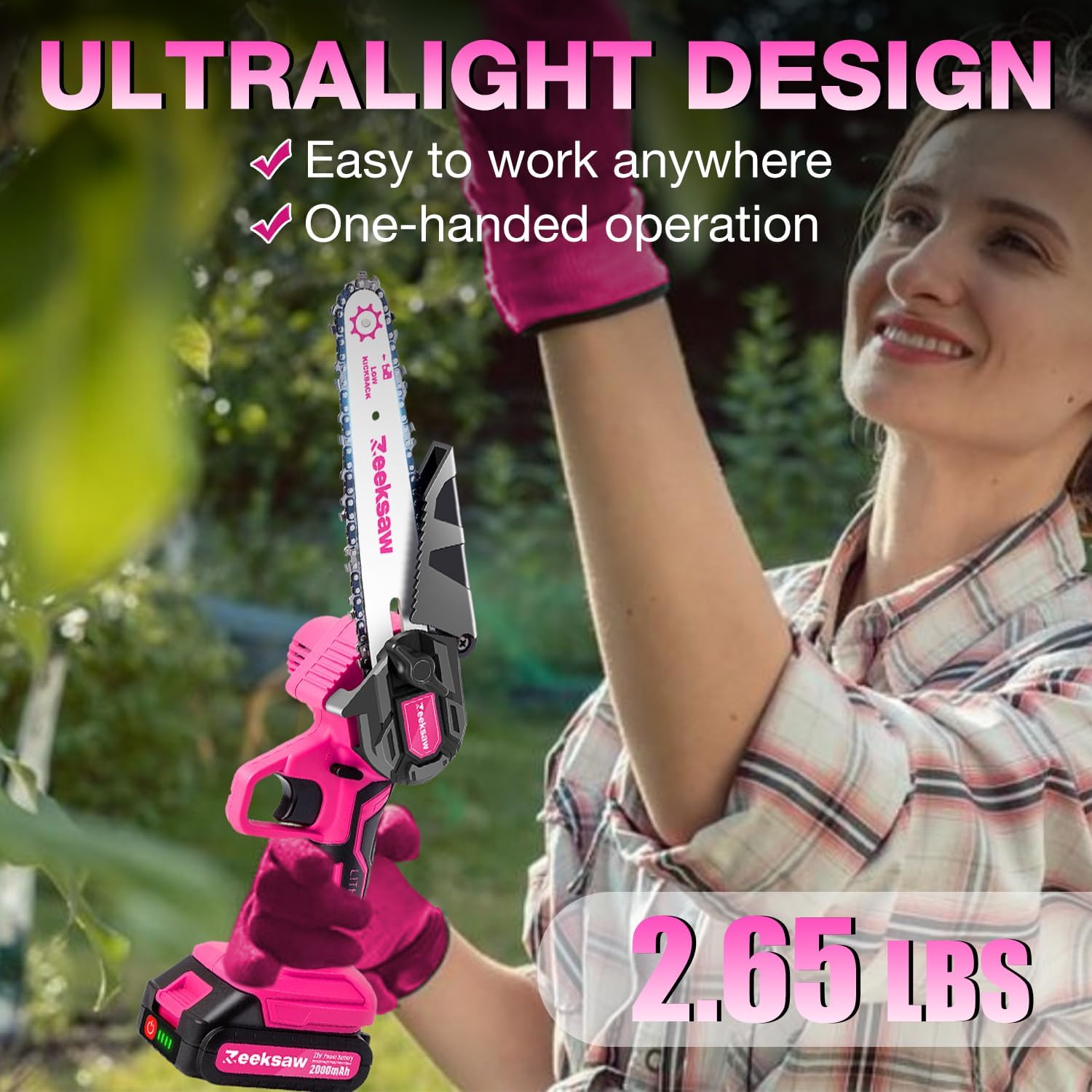 Pink Mini Chainsaw Cordless 6 inch - Electric Hand Held Chain Saw Batt