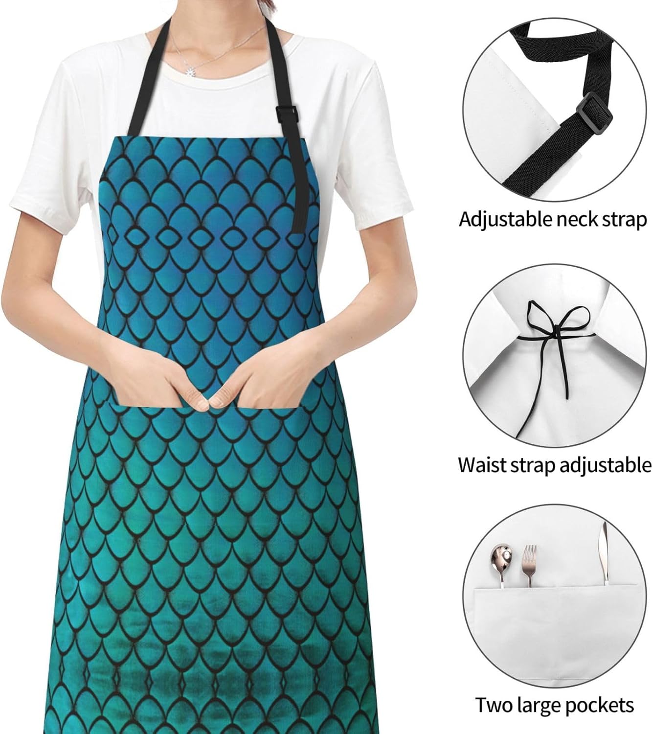 blue fish scale print Waterproof apron with pocket adjustable cooking 