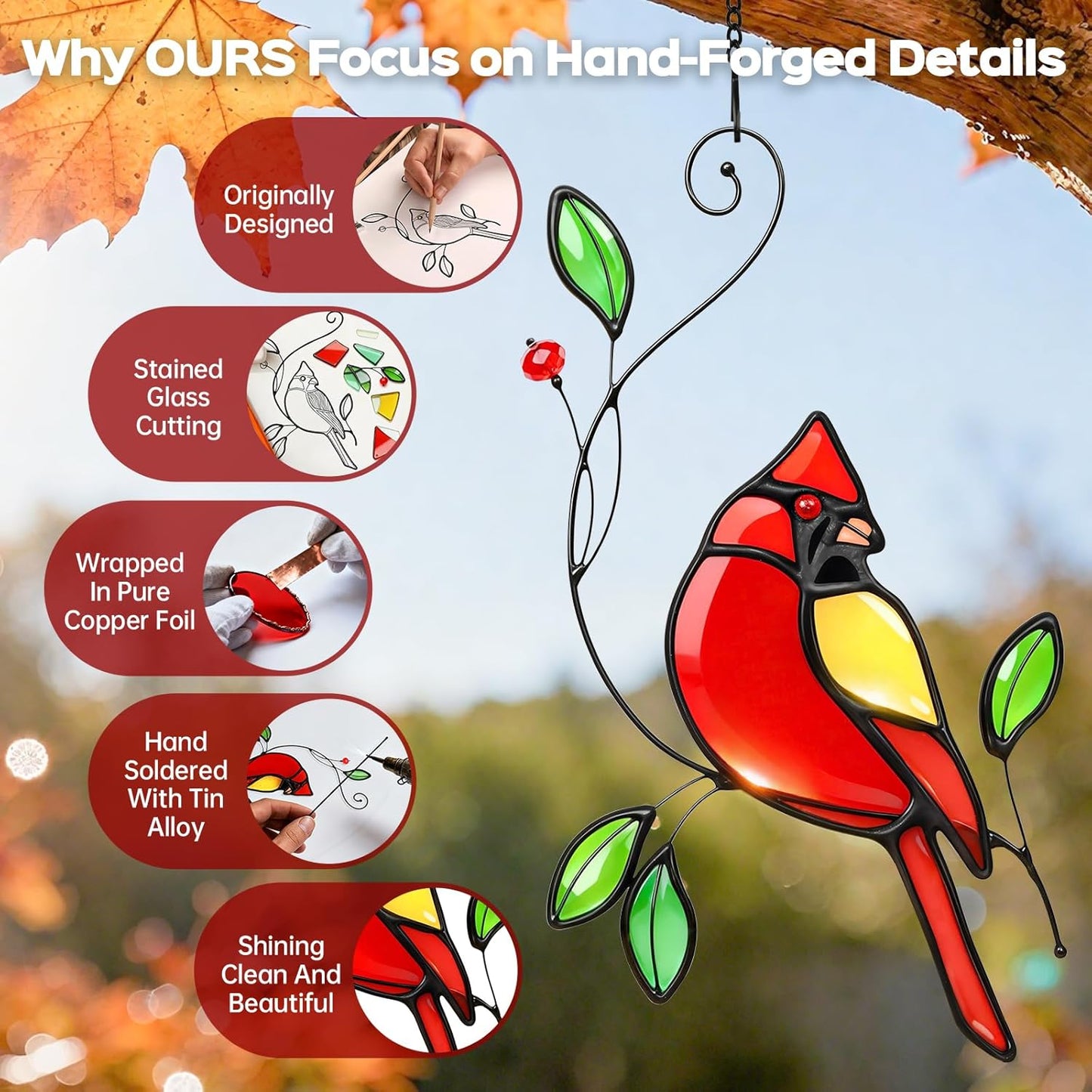 Cardinal Stained Glass Window Hanging, IDEA SHOW Red Cardinal Suncatcher, Real Glass Window Hanging Ornament, Handmade Bird Home Decor Memorial Gift for Women, Mom, Bird Lover