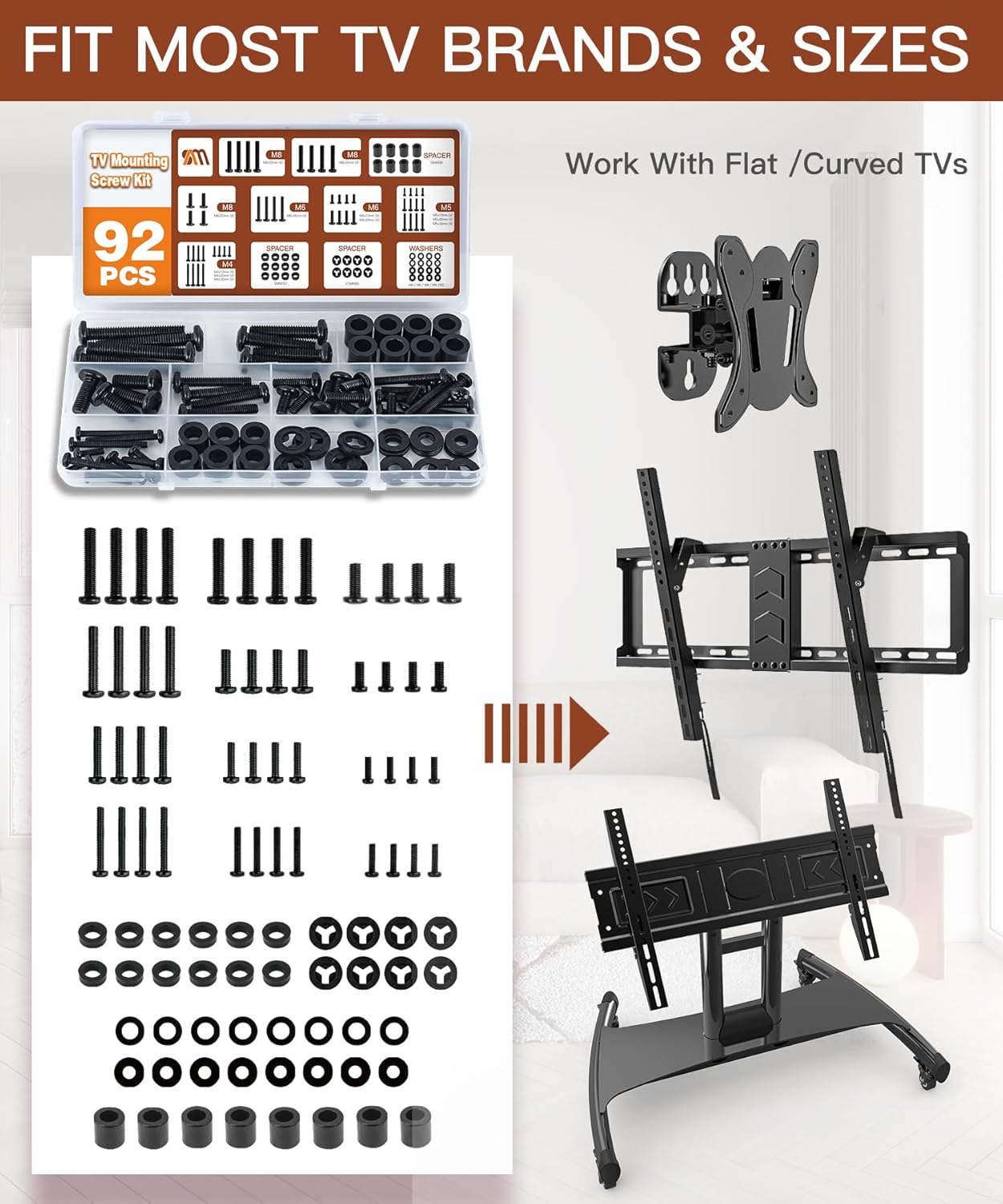92PCS Universal TV Mounting Hardware Screw Kit Set - M4 M5 M6 M8 Screw