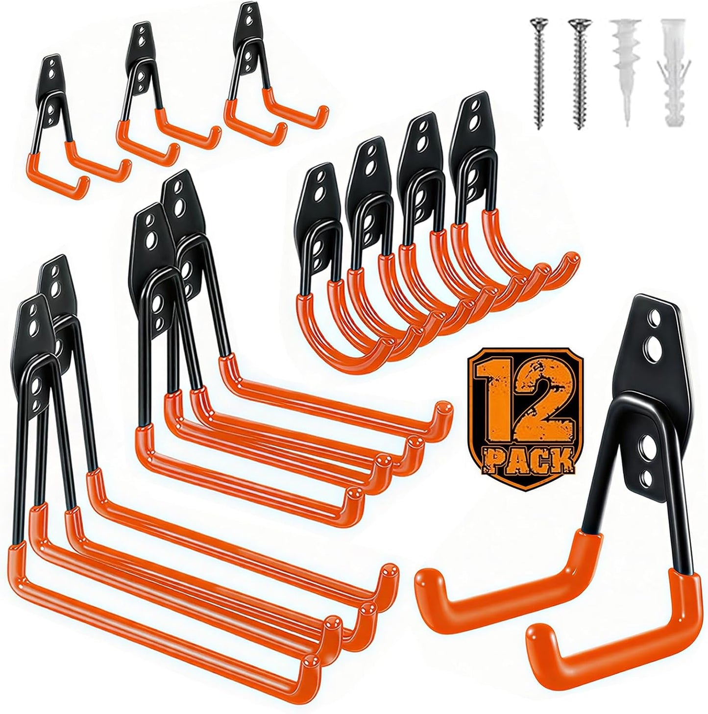 12 Pack Heavy Duty Garage Hooks, Steel Wall Mount Utility Hooks with Anti-Slip Coating, Storage Organizer for Hanging Ladders, Bikes, Power & Garden Tools, Hose, Ropes and Bulk Items-Orange