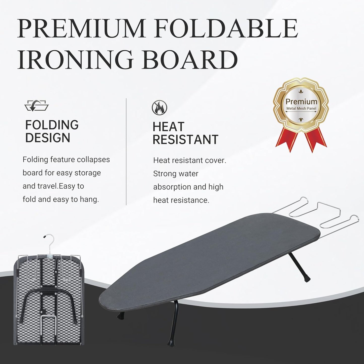 Metal Mesh Panel Tabletop Ironing Board | Foldable Iron Board | Heavy Duty Small Iron Board with Heat Resistant Cover and 100% Cotton 8mm Thicken Pad | 31.5"x11.8"x6.2"