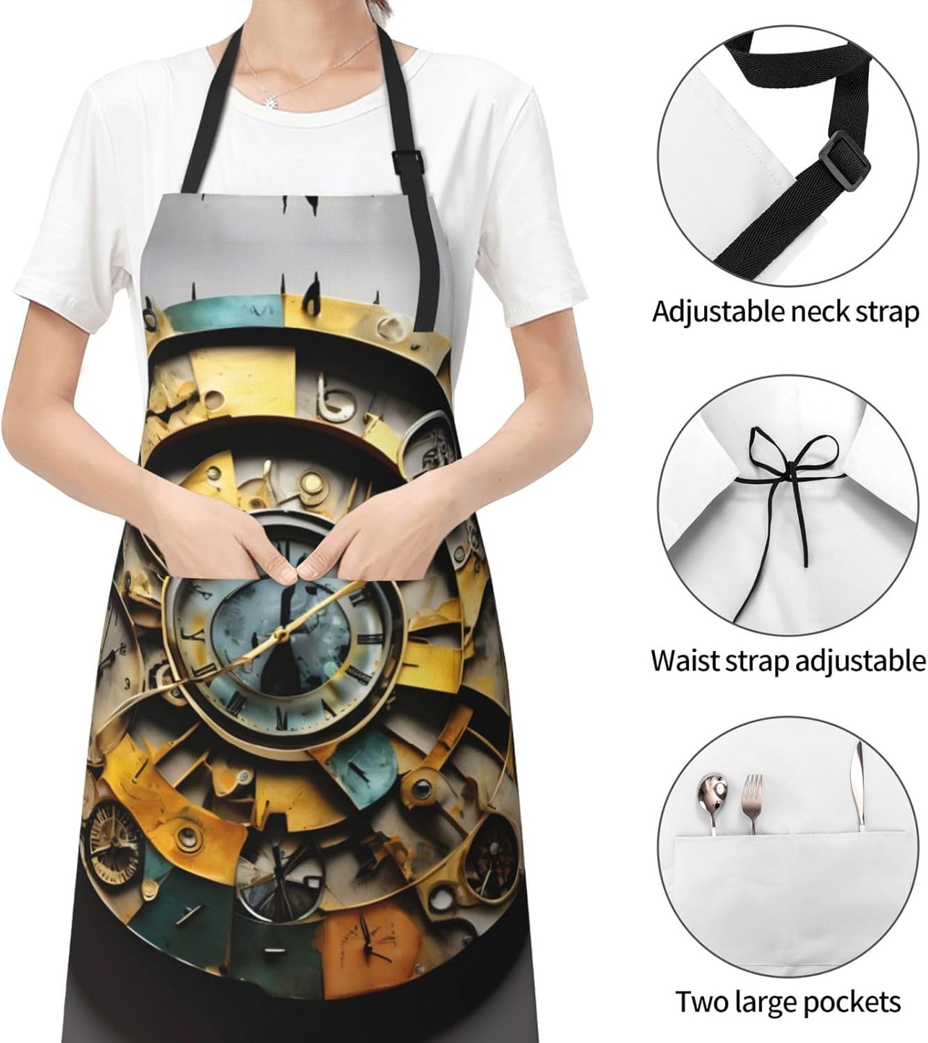 Clock Art Print Laundry apron 28x33 In Waterproof Kitchen Apron with P