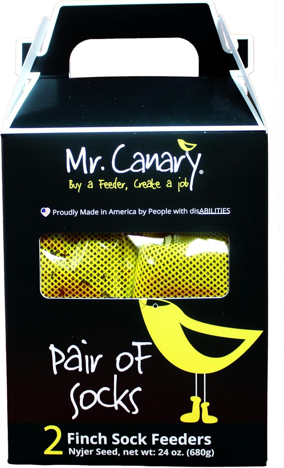 Mr. Canary Yellow 'Pair of Socks' Finch Sock Feeders, 2pk, Seed-Filled All-Season Feeders, 24oz Total
