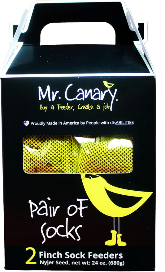 Mr. Canary Yellow 'Pair of Socks' Finch Sock Feeders, 2pk, Seed-Filled All-Season Feeders, 24oz Total