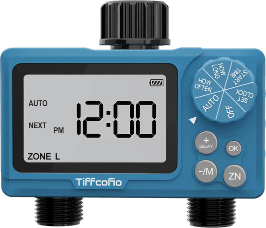 TiFFCOFiO Sprinkler Timer Outdoor, Digital Pogrammable for Garden Hose, Irrigrtion Timer with Rain Delay and Manual Mode (2 Oulets, 1 Pack)