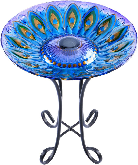 MUMTOP Outdoor Glass Birdbath Solar Birdbaths with Metal Stand for Lawn Yard Garden Peacock Decor,18” Dia 21.65 Height