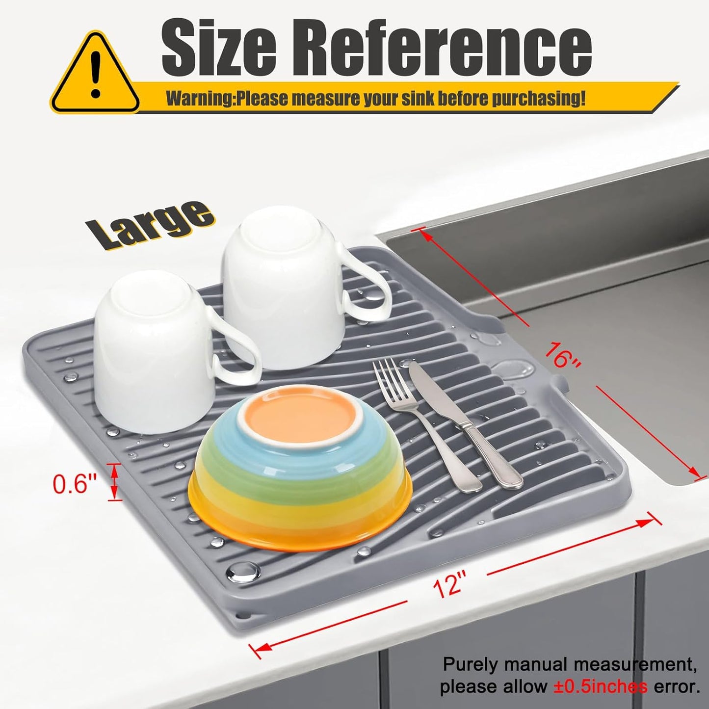 Silicone Dish Drying Mat, Stone Drying Mat for Kitchen Counter with Built-In Drain, Non-Slip Drain Pad with Built-in Drain, Heat Resistant Stone Drying Mat, Hangable, Grey-1pcs, 16" x 12"