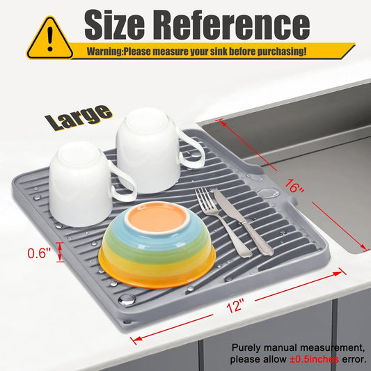 Silicone Dish Drying Mat, Stone Drying Mat for Kitchen Counter with Built-In Drain, Non-Slip Drain Pad with Built-in Drain, Heat Resistant Stone Drying Mat, Hangable, Grey-1pcs, 16" x 12"