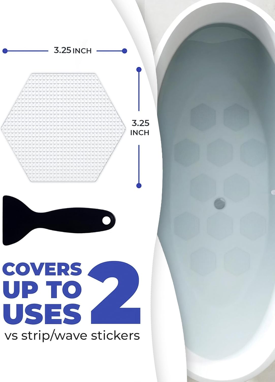 Anti-Slip Shower Stickers for Tub & Shower Floor — Original Clear Hex Non-Slip Bathtub Stickers, 24 Pack 3.25”, Micro-Pyramid Grip, Scraper Included, Easy Apply