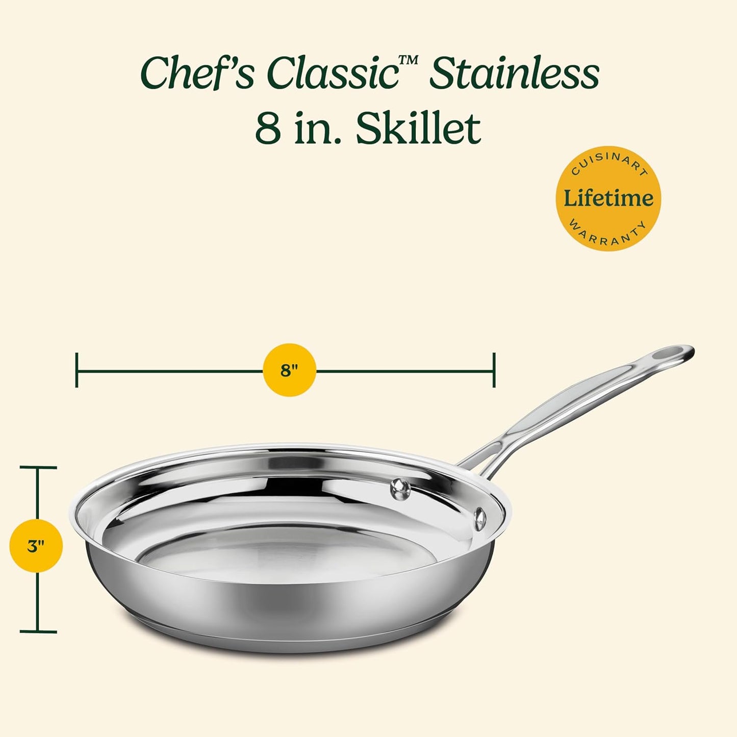Cuisinart 8-Inch Open Skillet, Stainless Steel Skillet with Lid, Large Kitchen Pan, Dishwasher Safe, Compatible with Induction, Electric, Gas Cooktops, Oven Safe Saucepan, Cool Grip Handles