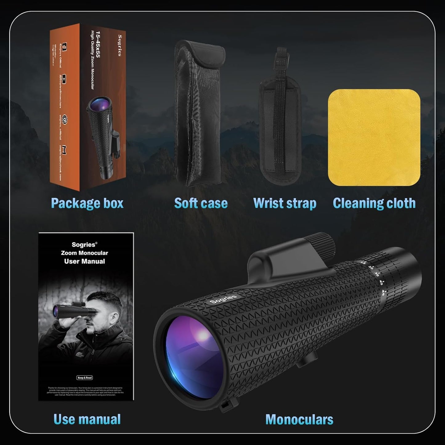 15-45x55 Zoom Monocular Telescope-High Power Monocular for Adults BAK4 Prism for Bird Watching and Traveling Concert