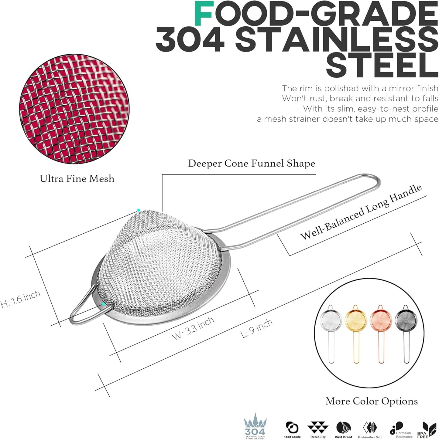 Homestia 3.3" Fine Mesh Strainer for Kitchen, 304 Stainless Steel Cocktail Sieve Sifters For Food, Liquid Drink Strainers Cup for Tea, Rice, Oil, Noodles, Fruits, Vegetables (Silver)
