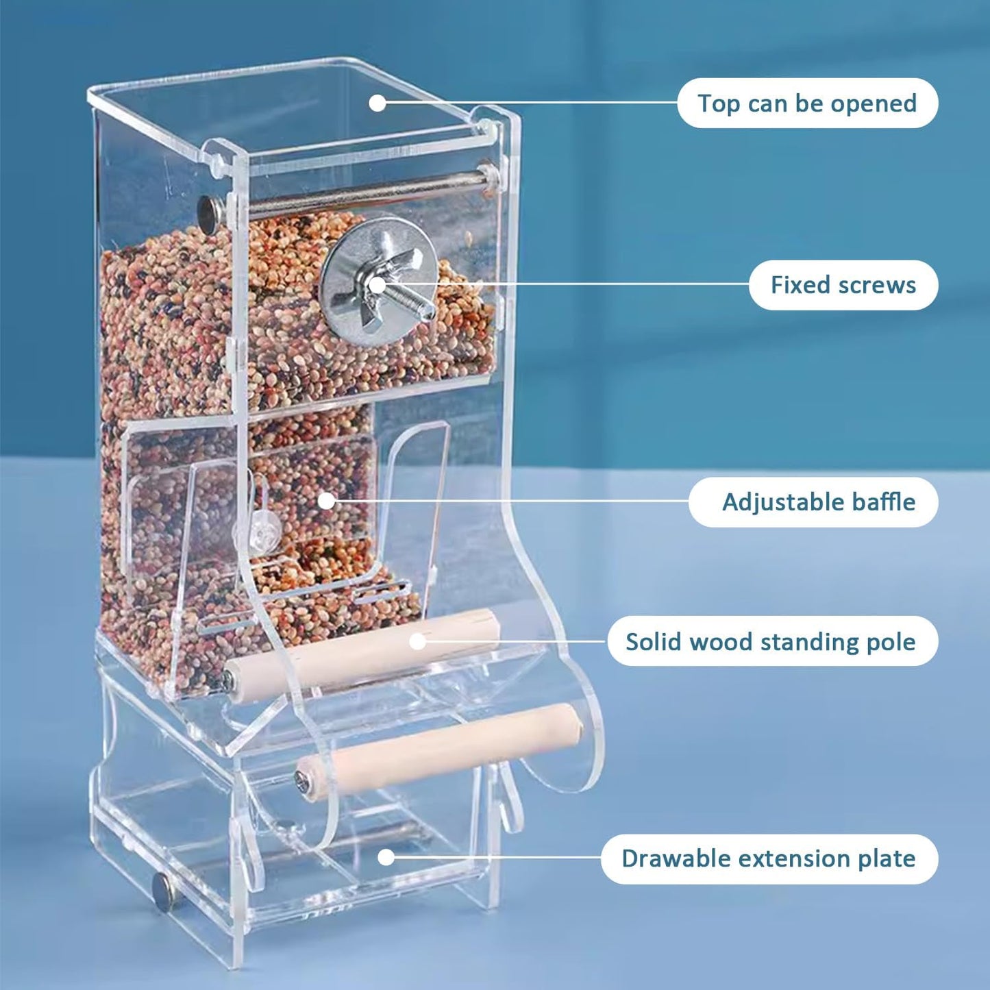La La Pet®No Mess Automatic Bird Feeder for Cage Acrylic Bird Food Container Adjustable Bird Cage Feeder with Perch Parrot Feeding Station for Small Birds, Transparent